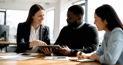 Diverse Business Team Collaborating on Tablet in Office