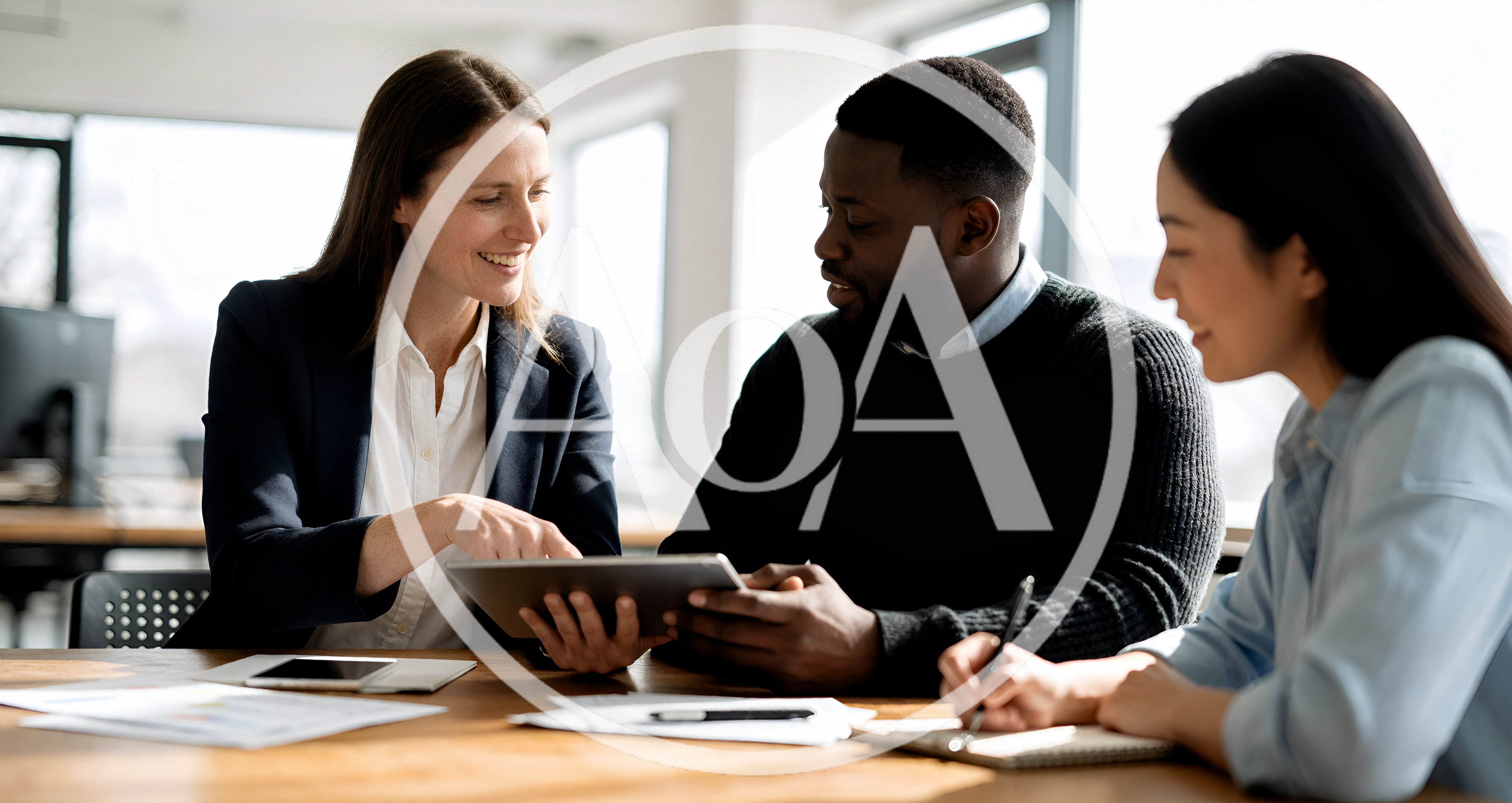 Diverse Business Team Collaborating on Tablet in Office