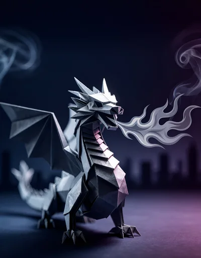 Origami Dragon Breathing Stylized Paper Smoke