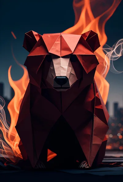 Origami Bear Sculpture Surrounded By Intense Fire