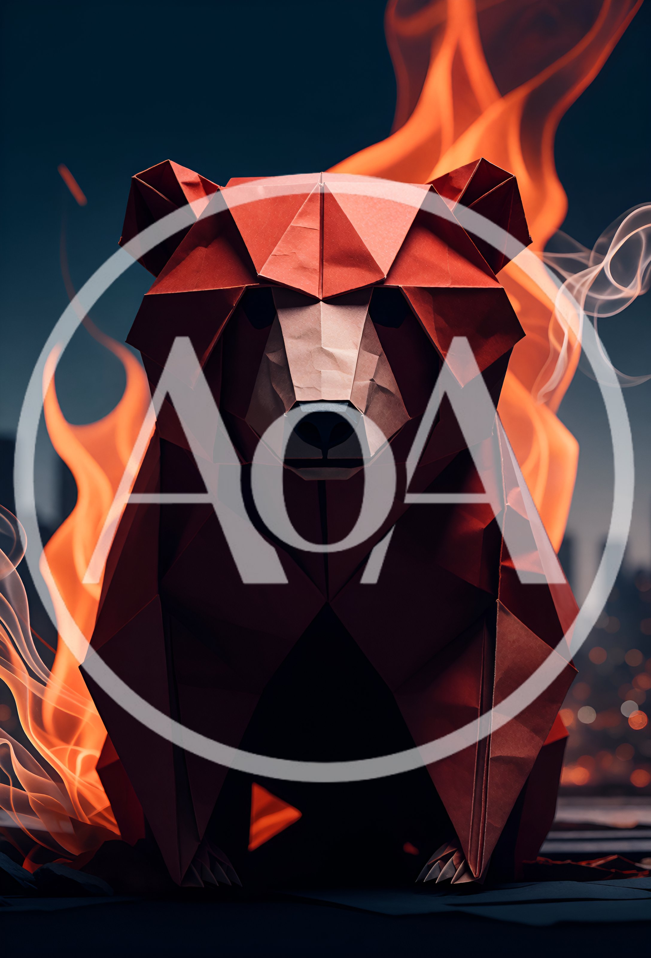 Origami Bear Sculpture Surrounded By Intense Fire