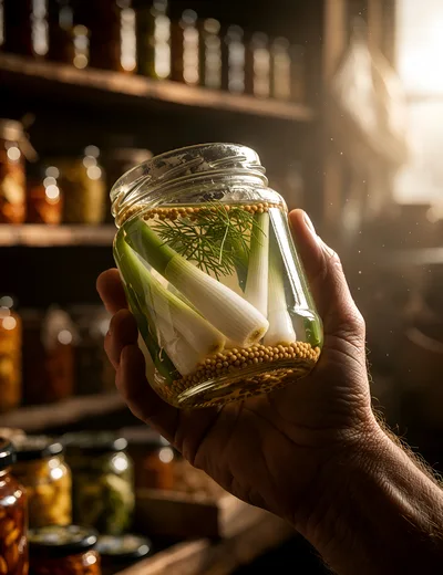 Hand Holding A Jar Of Pickled Spring Onions