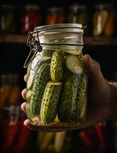 Hand Holding A Glass Jar Of Pickled Cucumbers