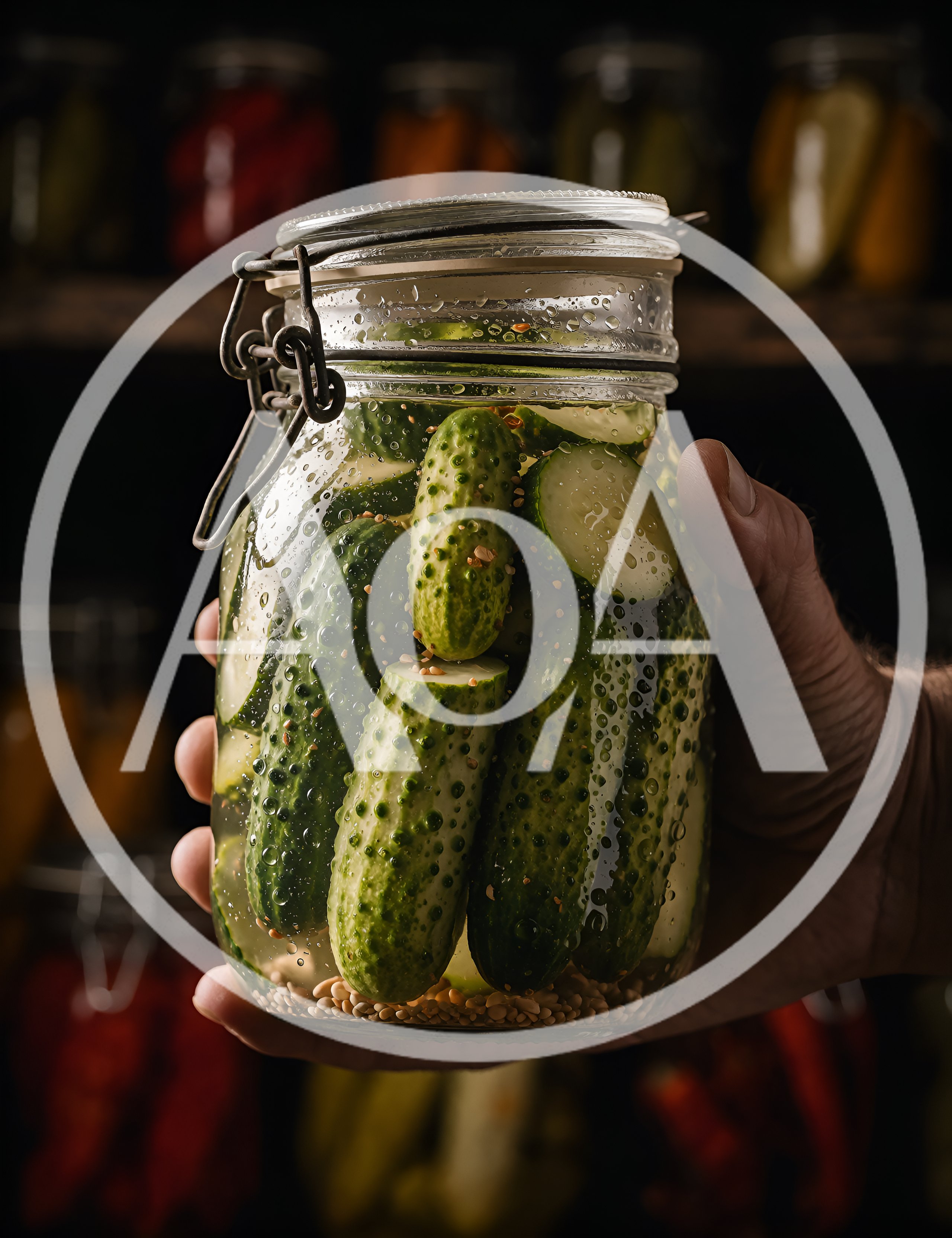 Hand Holding A Glass Jar Of Pickled Cucumbers