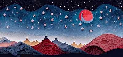 Stylized Paper Cutout Landscape With Stars And Moon