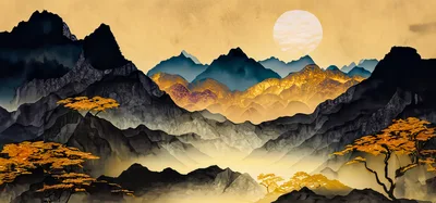 Traditional Chinese Ink Wash Landscape Painting With Golden Mountains