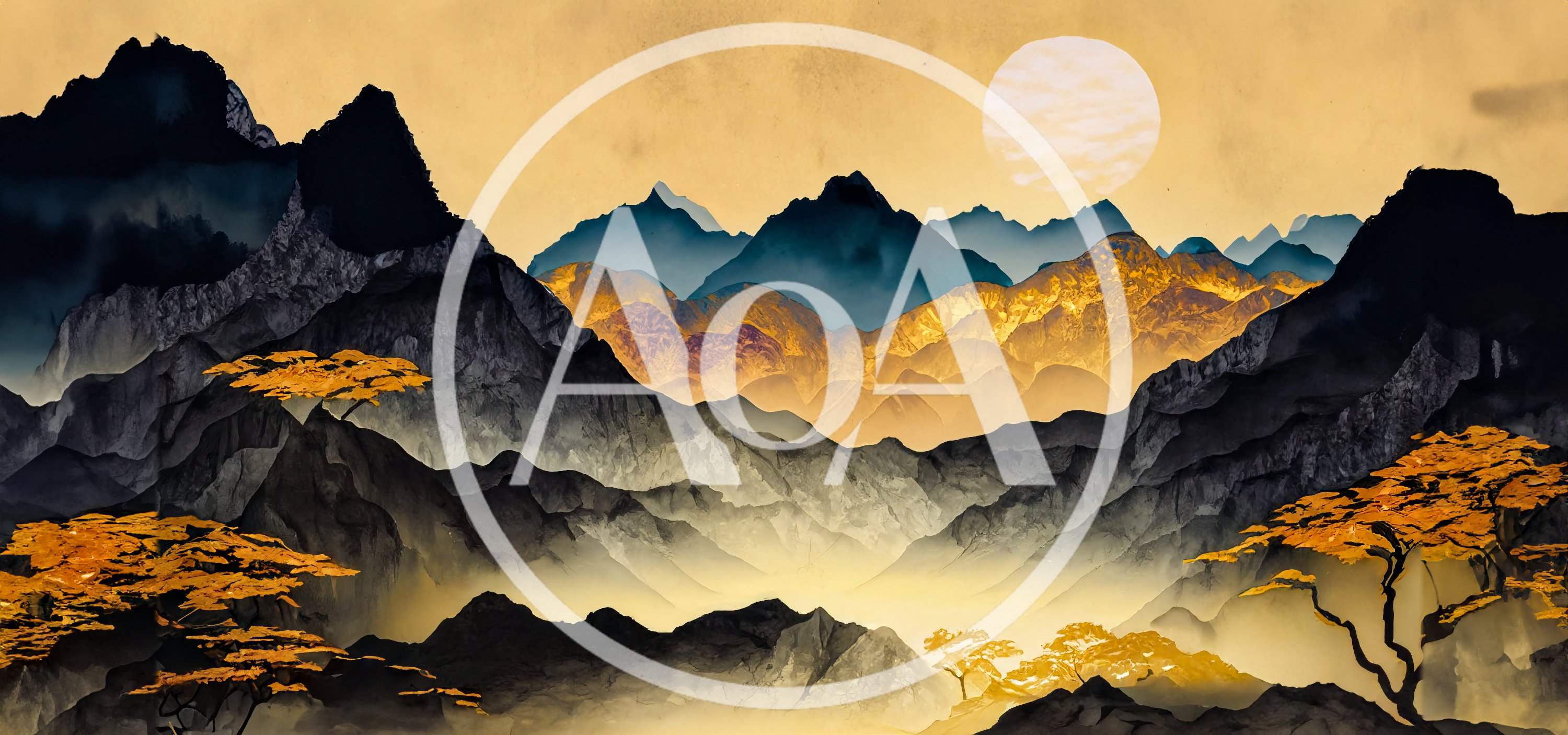 Traditional Chinese Ink Wash Landscape Painting With Golden Mountains