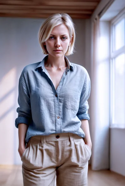 Portrait Of A Blonde Woman In Casual Linen Clothing