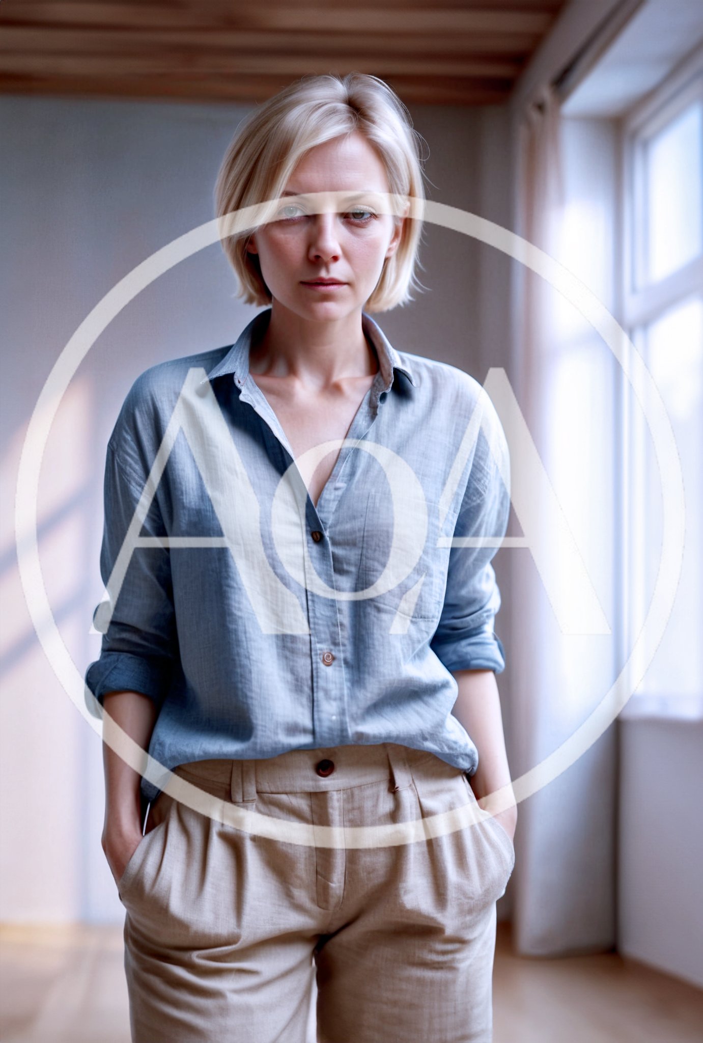 Portrait Of A Blonde Woman In Casual Linen Clothing