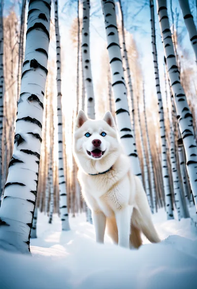 White Husky Standing In A Snowy Birch Forest
