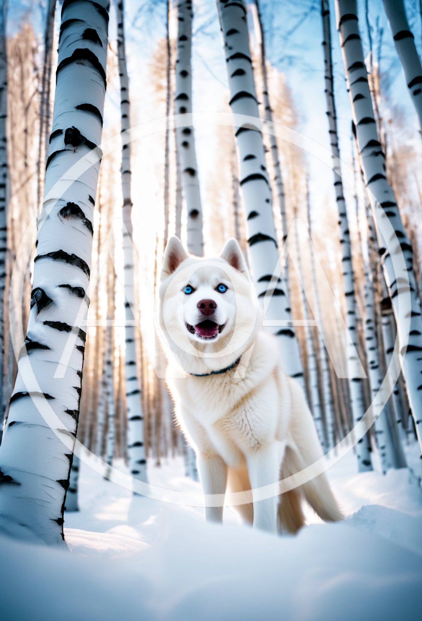 White Husky Standing In A Snowy Birch Forest