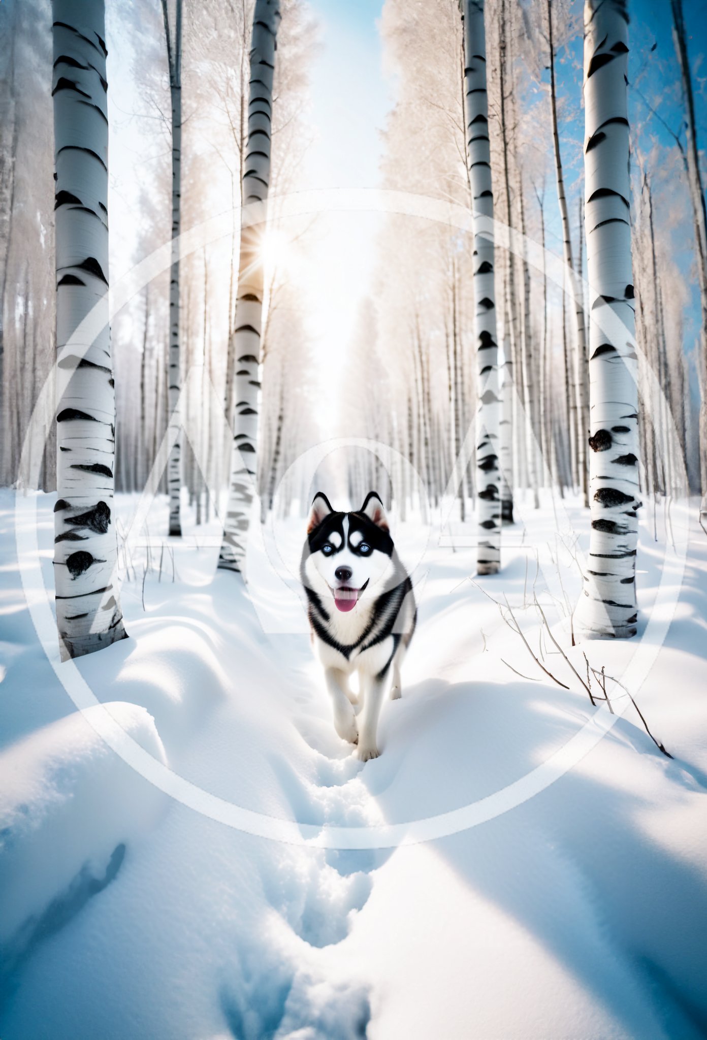 Siberian Husky Walking Through Snowy Birch Forest