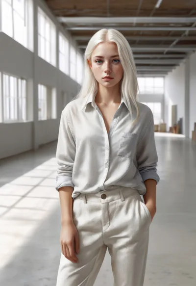 Young Woman With Platinum Blonde Hair Standing In Warehouse