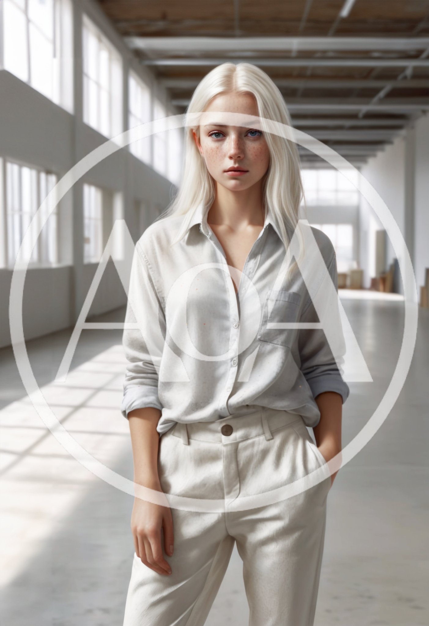 Young Woman With Platinum Blonde Hair Standing In Warehouse