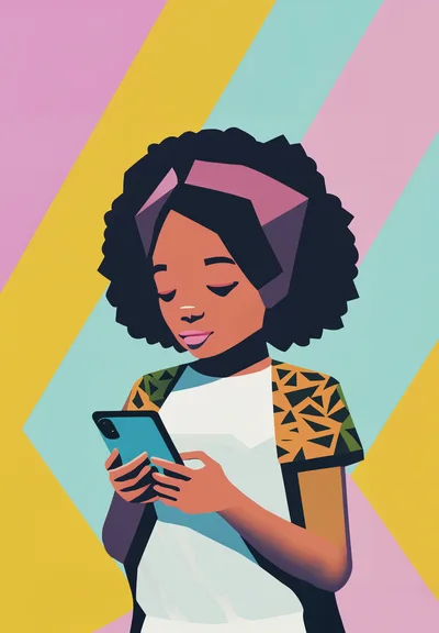 Young Woman Using Smartphone Against Colorful Geometric Background