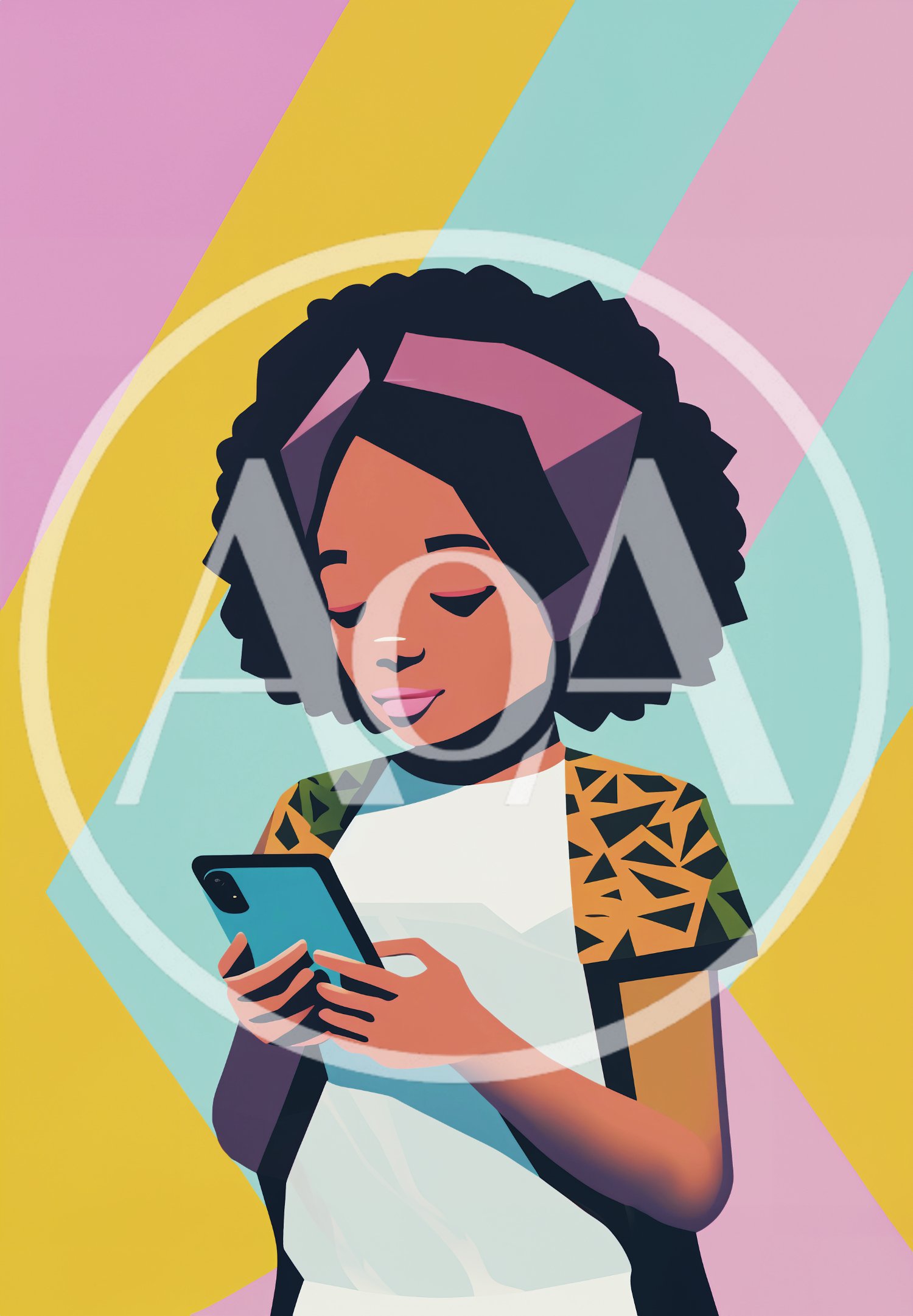 Young Woman Using Smartphone Against Colorful Geometric Background
