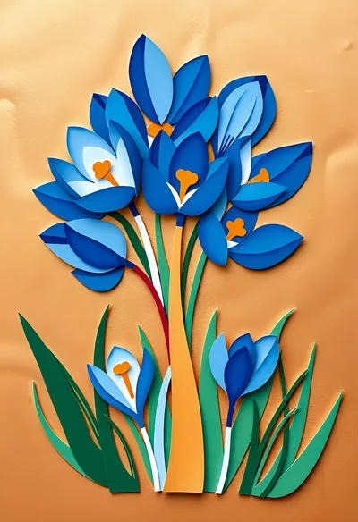 Paper Cutout Style Blue Crocus Flowers Illustration