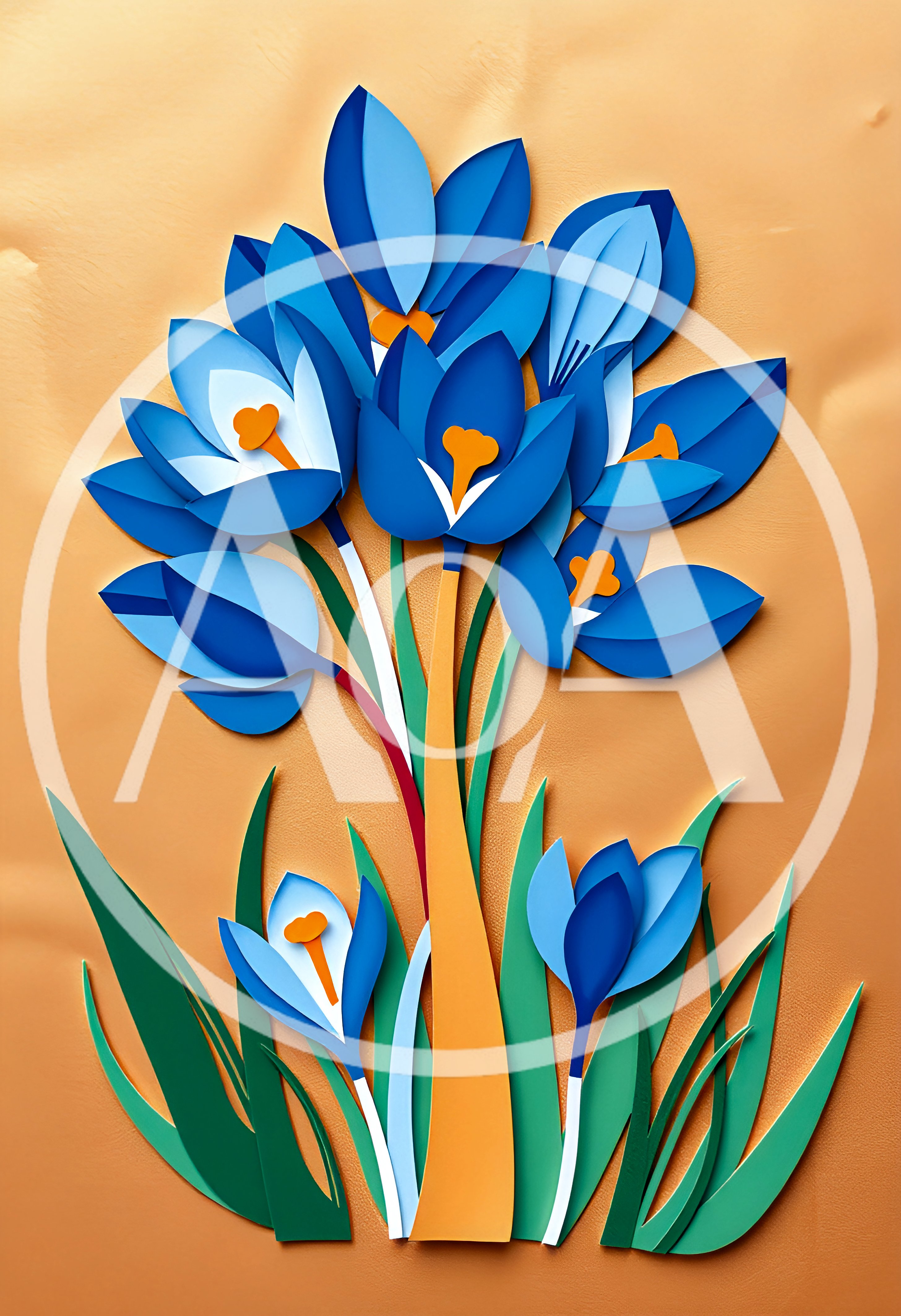 Paper Cutout Style Blue Crocus Flowers Illustration