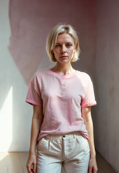 Portrait Of A Young Blonde Woman In Pink T-Shirt