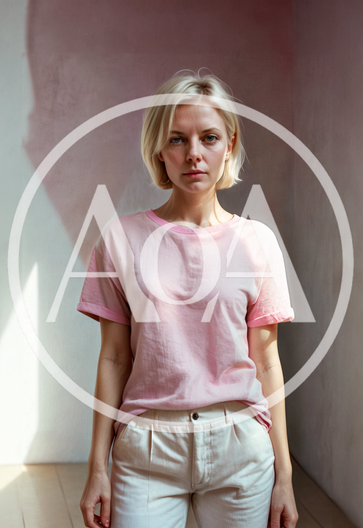 Portrait Of A Young Blonde Woman In Pink T-Shirt