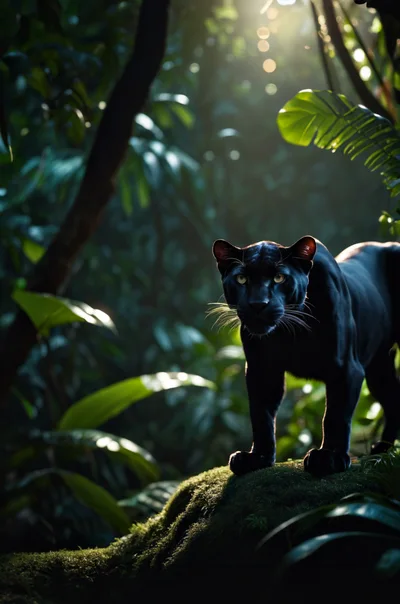 Black Panther Standing On Mossy Rock In Jungle