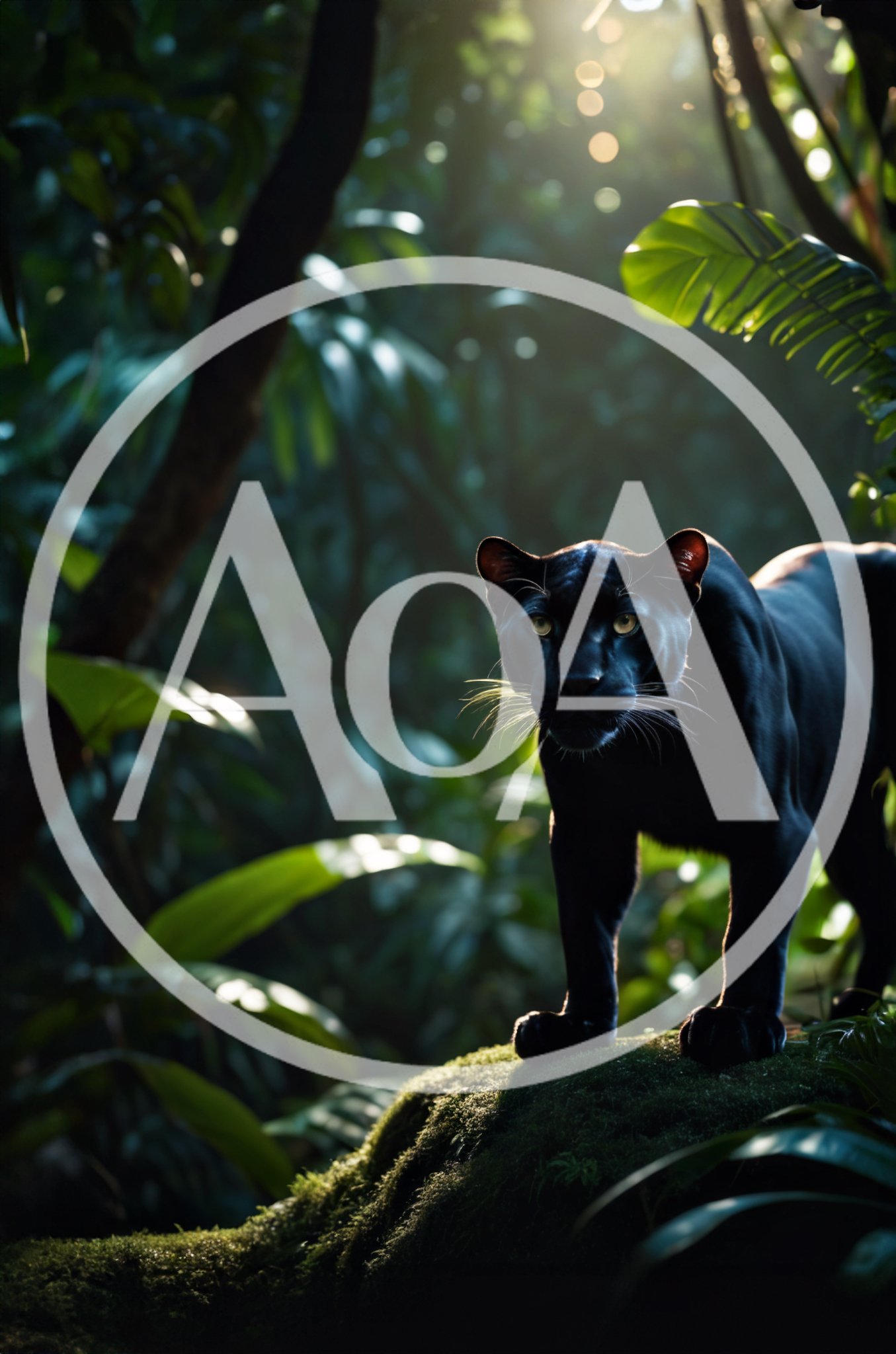 Black Panther Standing On Mossy Rock In Jungle