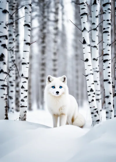 Arctic Fox Standing In A Snowy Birch Forest