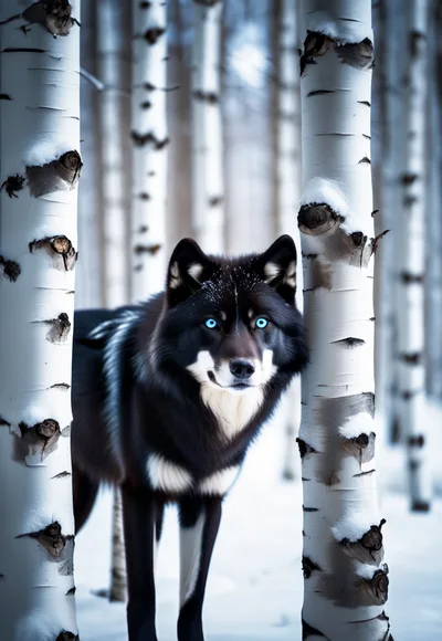 Black Wolf With Blue Eyes In Snowy Birch Forest
