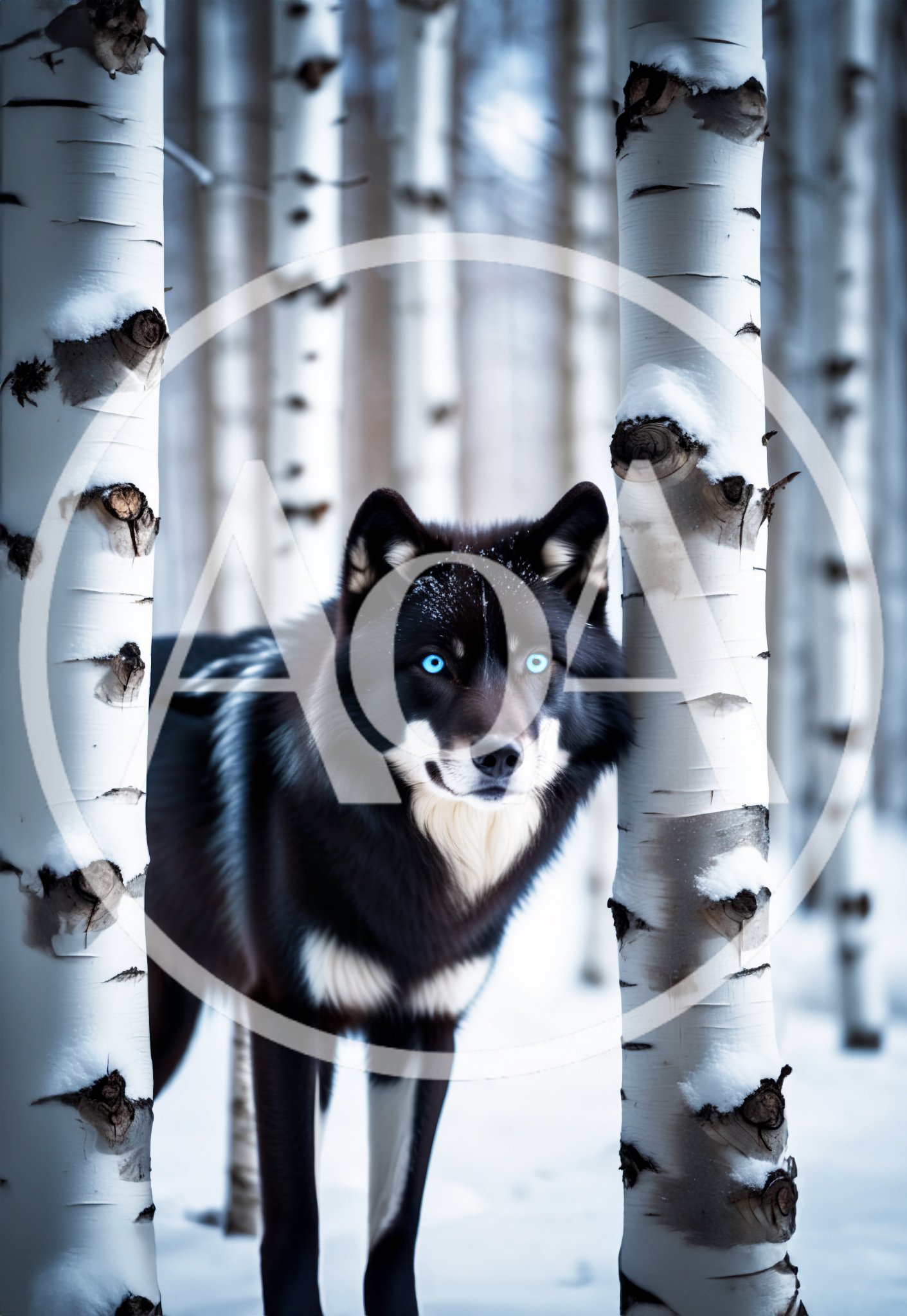 Black Wolf With Blue Eyes In Snowy Birch Forest
