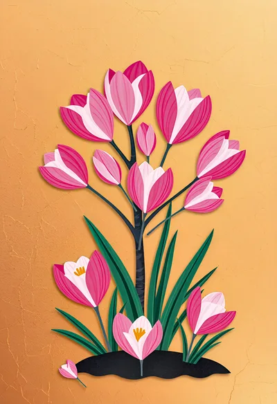 Stylized Paper Cutout Illustration Of Pink Crocus Flowers