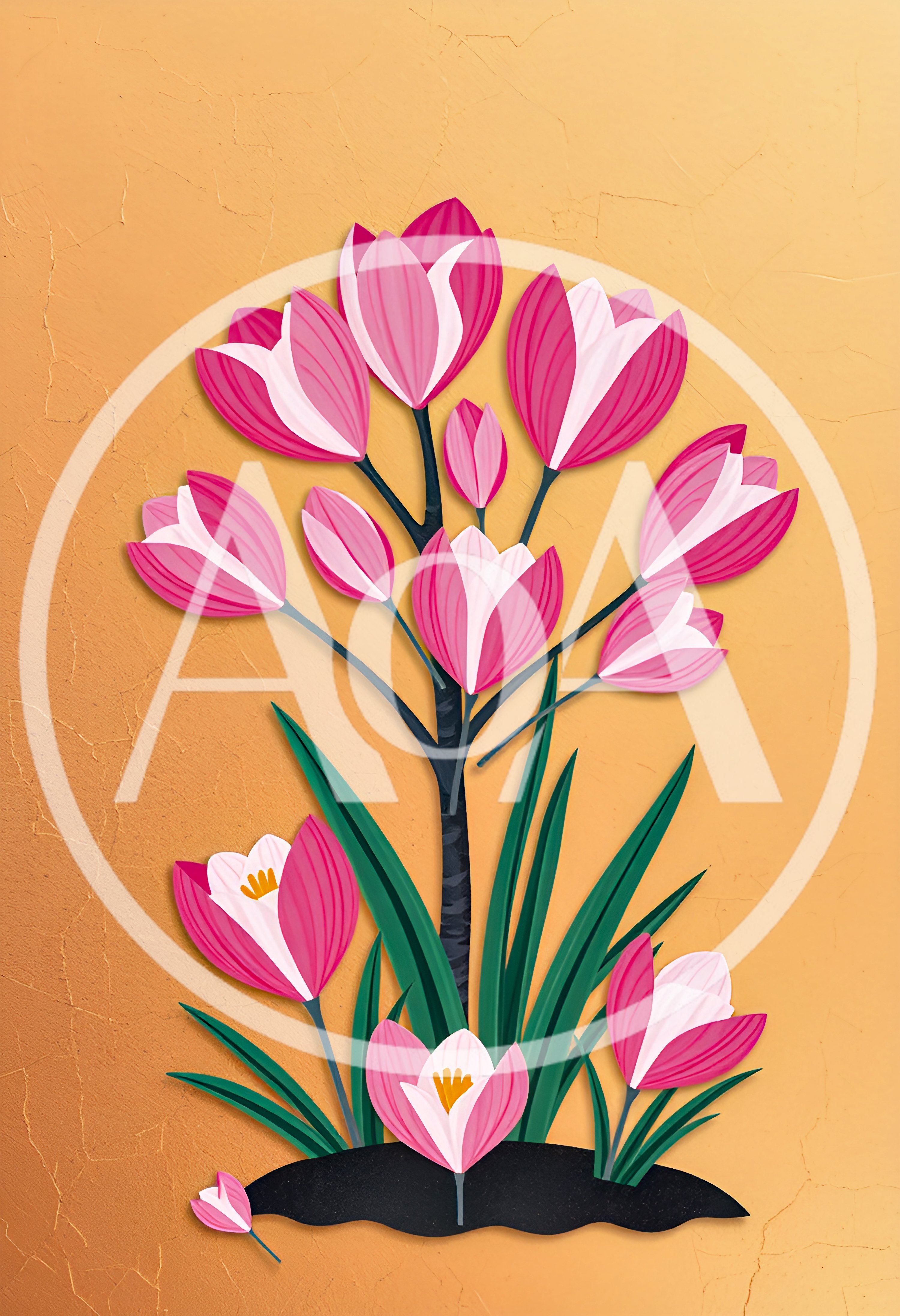 Stylized Paper Cutout Illustration Of Pink Crocus Flowers