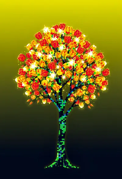 Digital Art Tree With Glowing Tulip Blossoms