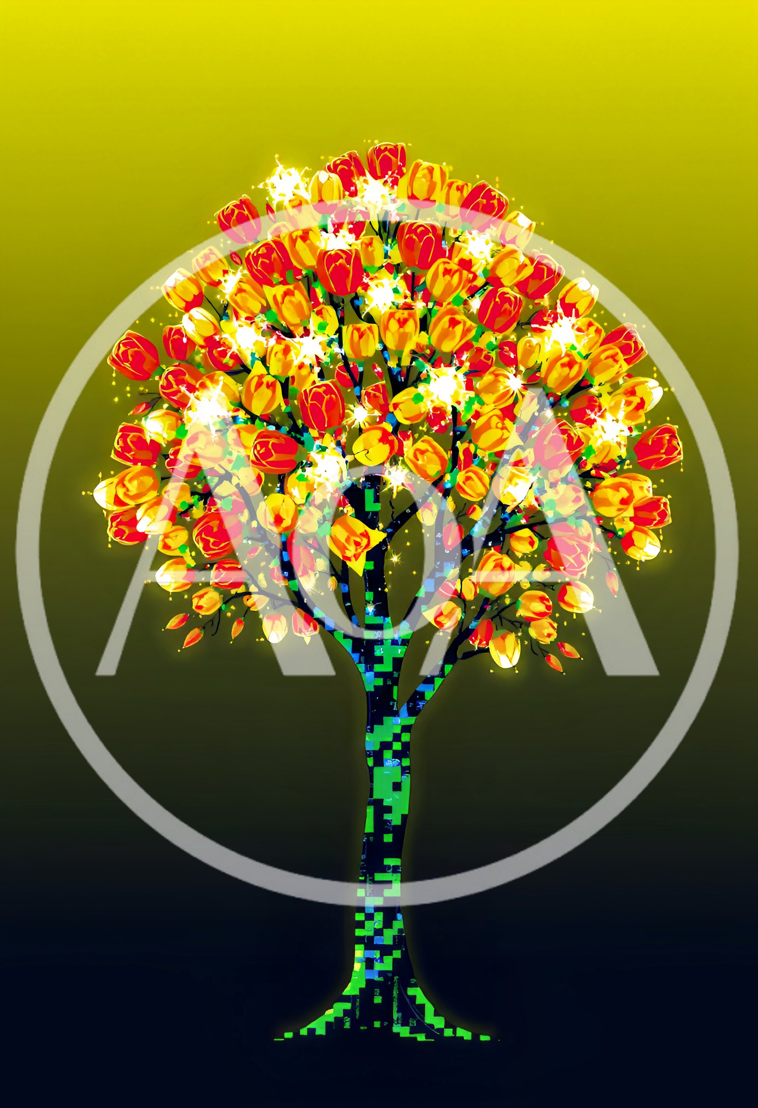 Digital Art Tree With Glowing Tulip Blossoms