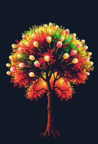 Surreal Tree With Vibrant Tulip Blossoms