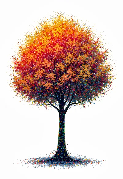 Abstract Pointillist Tree With Vibrant Autumn Foliage