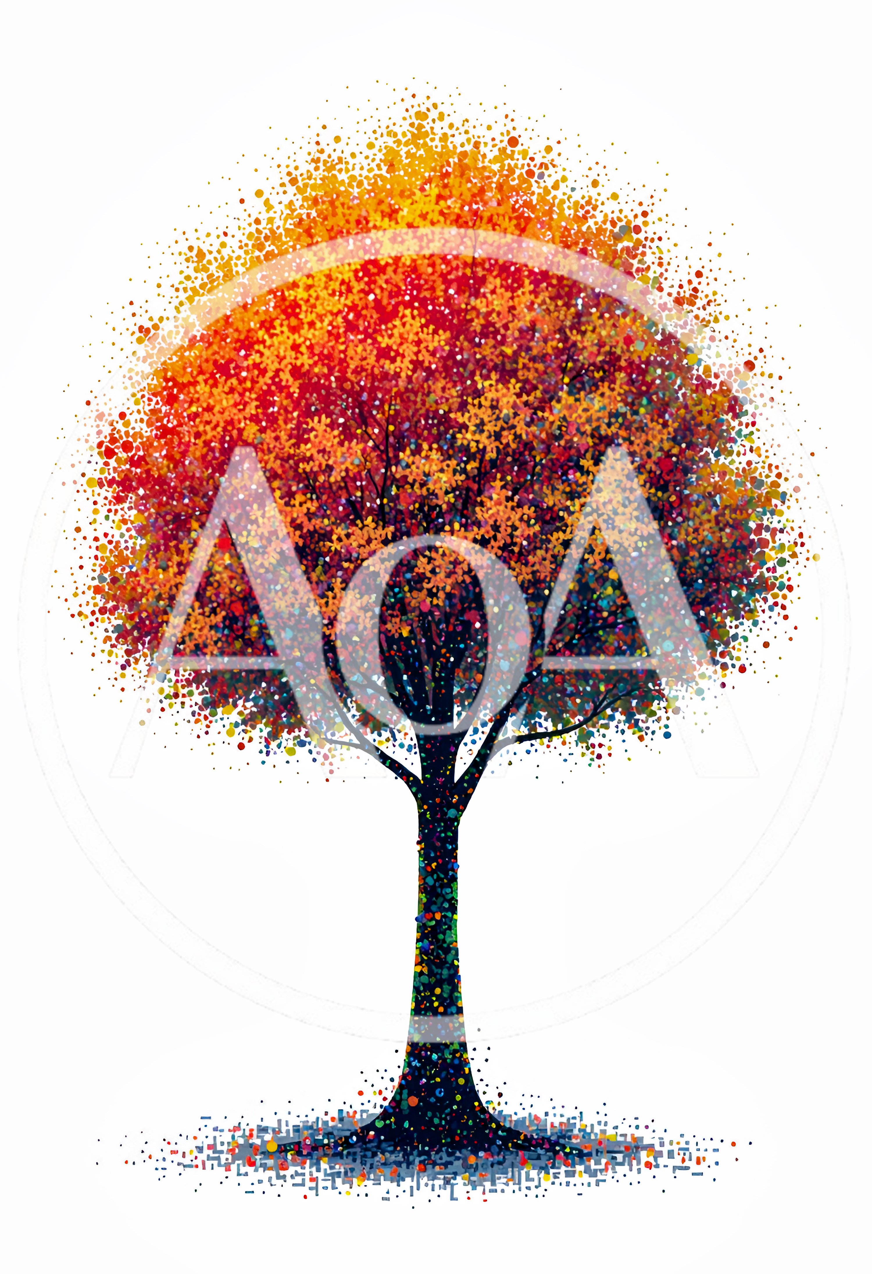Abstract Pointillist Tree With Vibrant Autumn Foliage