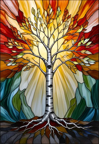 Stained Glass Birch Tree With Radiant Sunburst Background