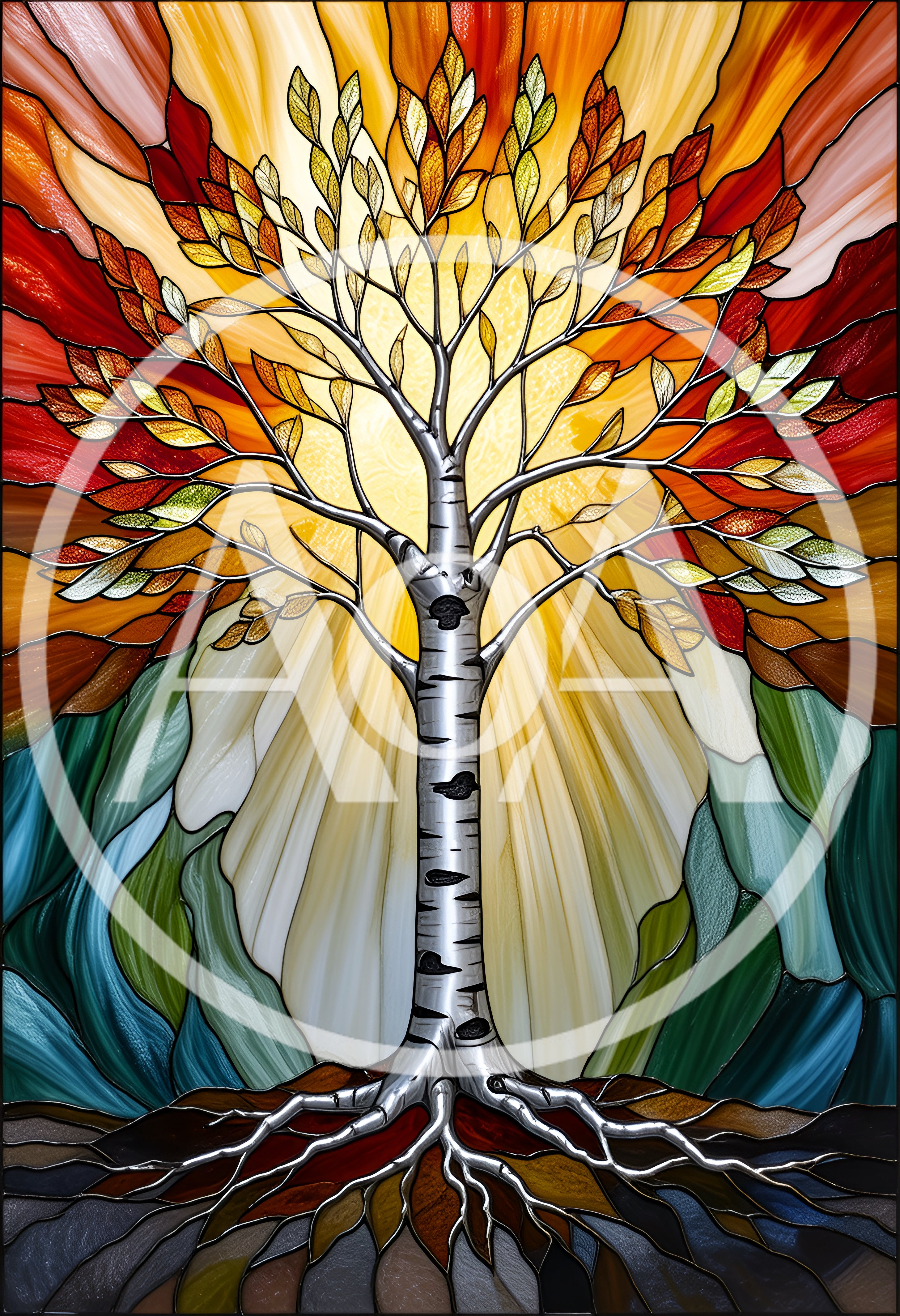 Stained Glass Birch Tree With Radiant Sunburst Background