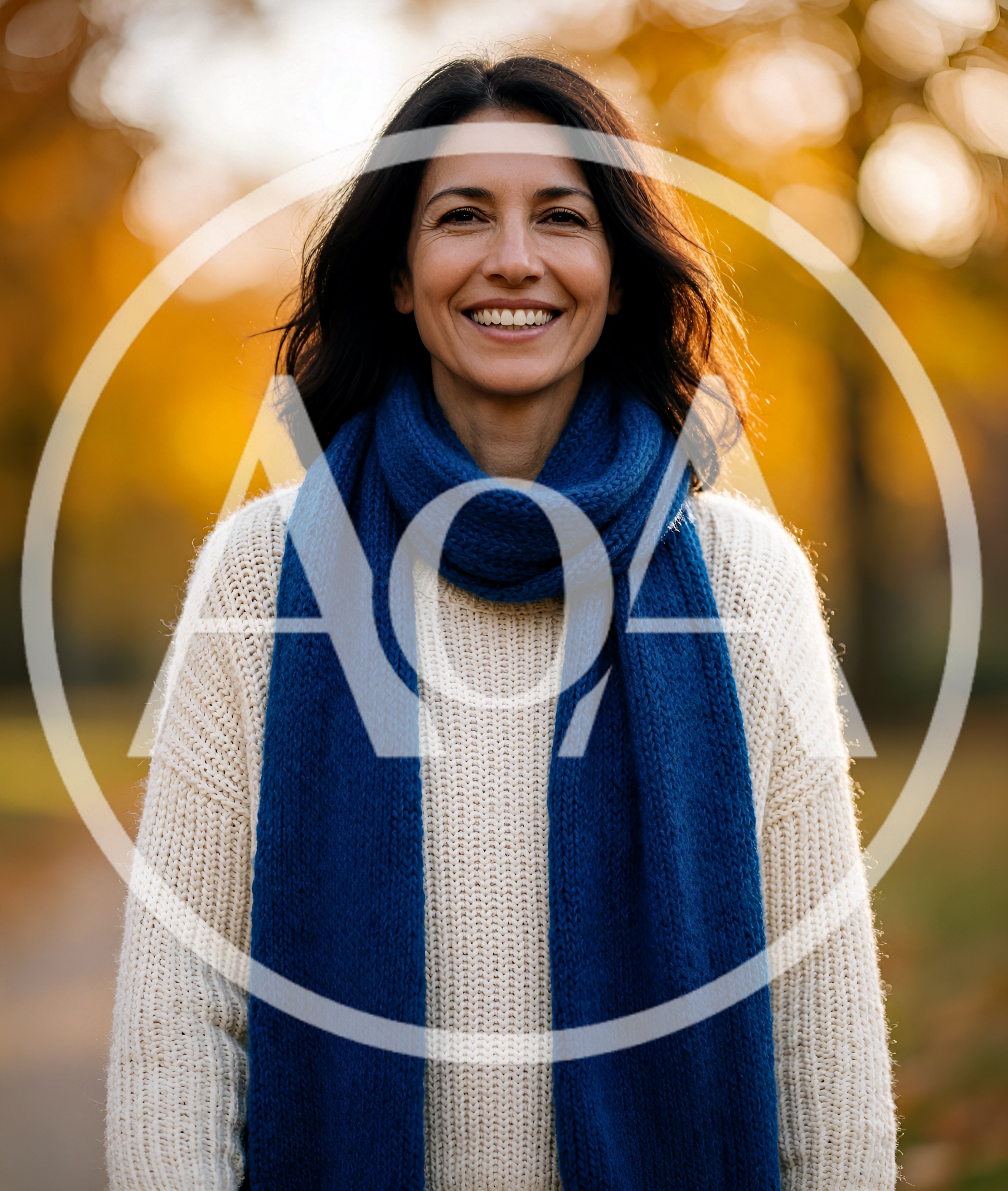 Smiling Woman Wearing Blue Scarf In Autumn Park