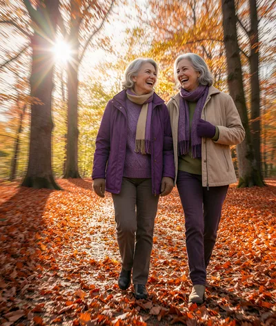 Two Senior Women Walking Together in Autumn Forest