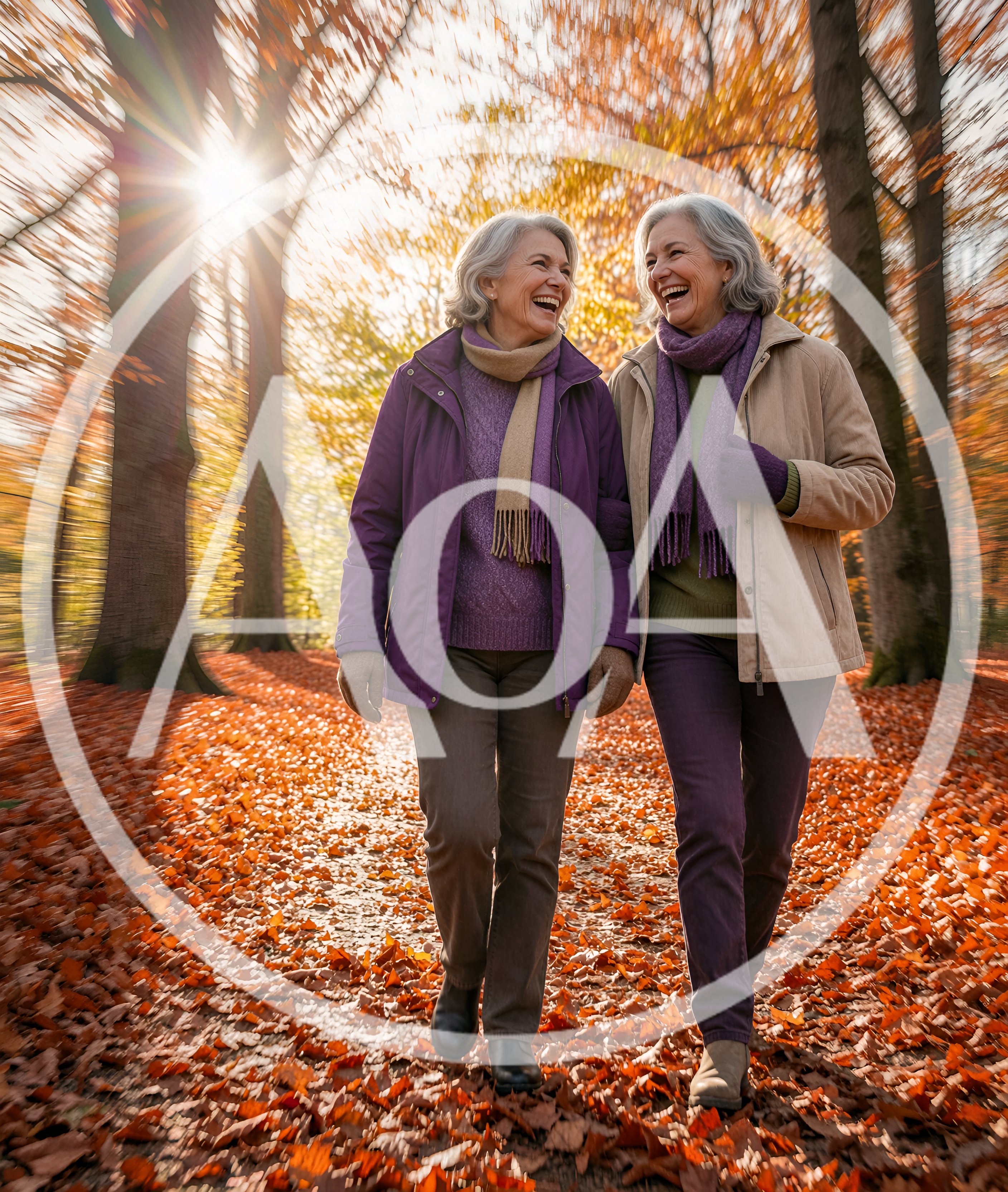 Two Senior Women Walking Together in Autumn Forest