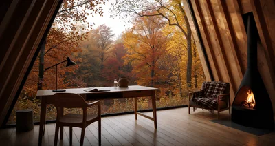 Cozy A-Frame Cabin Interior With Autumn Forest View