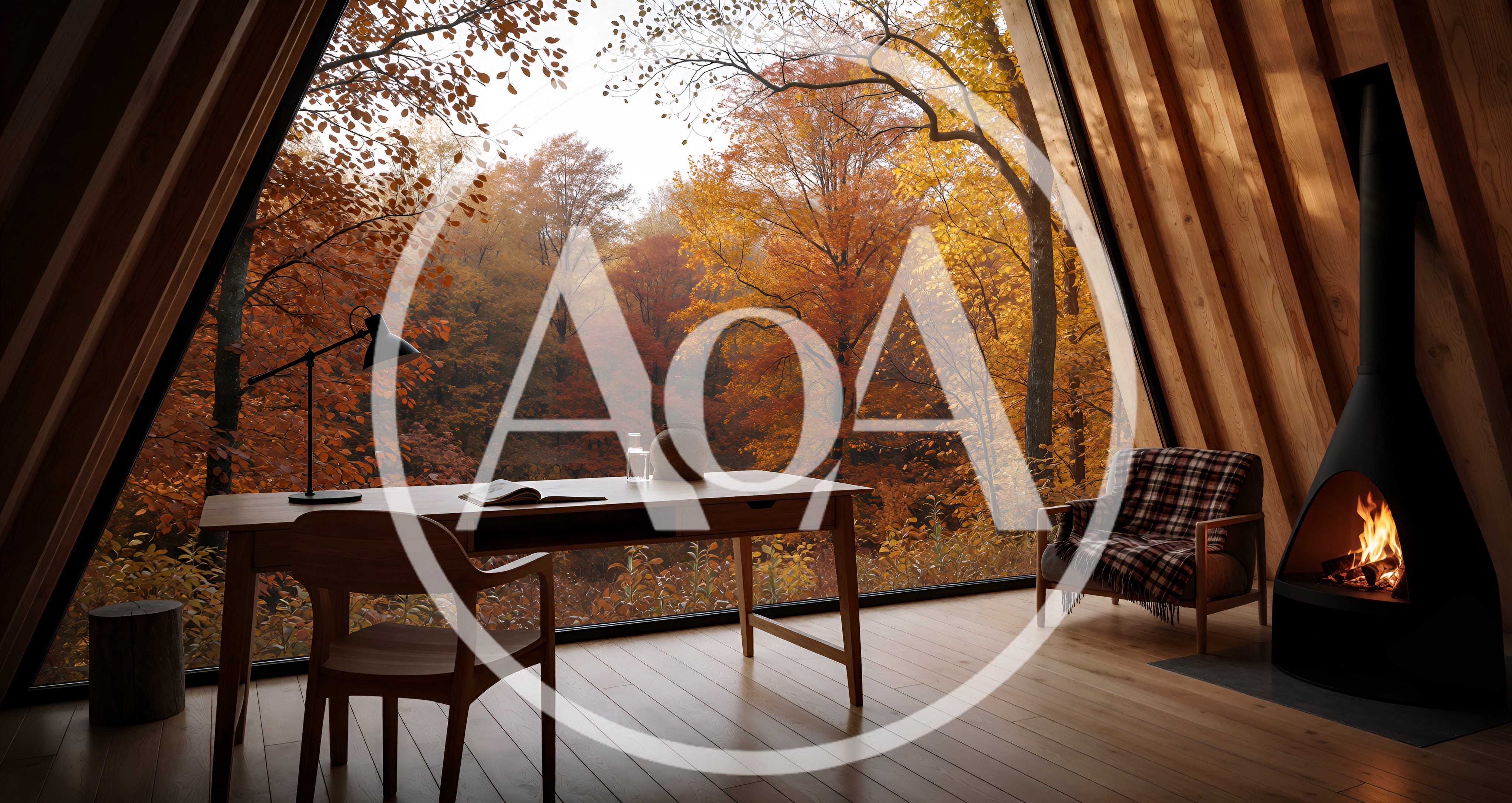 Cozy A-Frame Cabin Interior With Autumn Forest View