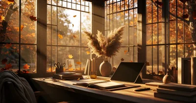 Cozy Autumn Workspace With Tablet And Books