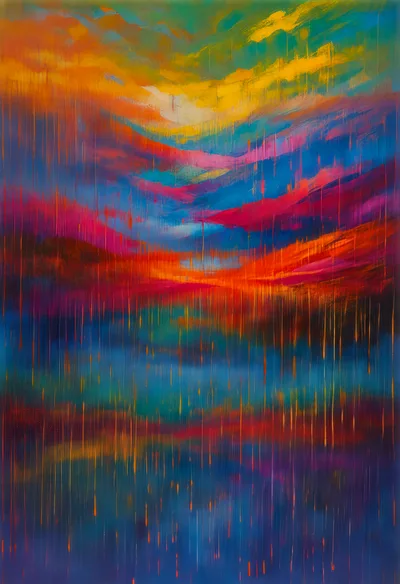 Abstract Oil Painting With Vibrant Vertical Drip Effects