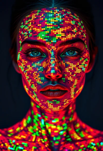 Digital Pixelated Portrait Of A Woman With Neon Makeup