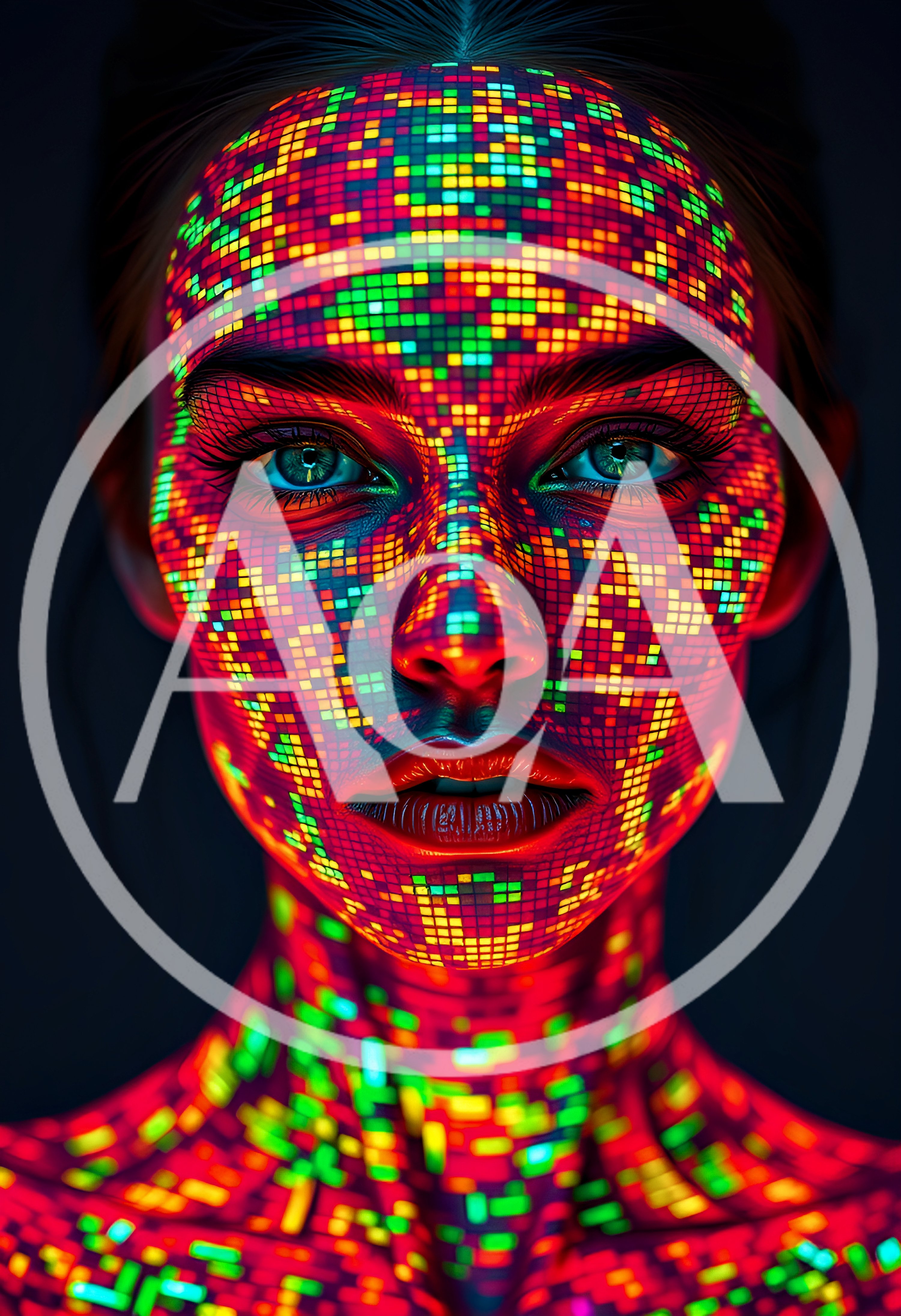Digital Pixelated Portrait Of A Woman With Neon Makeup