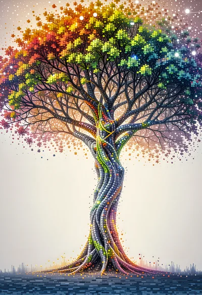 Abstract Digital Art Of A Rainbow Pixelated Tree