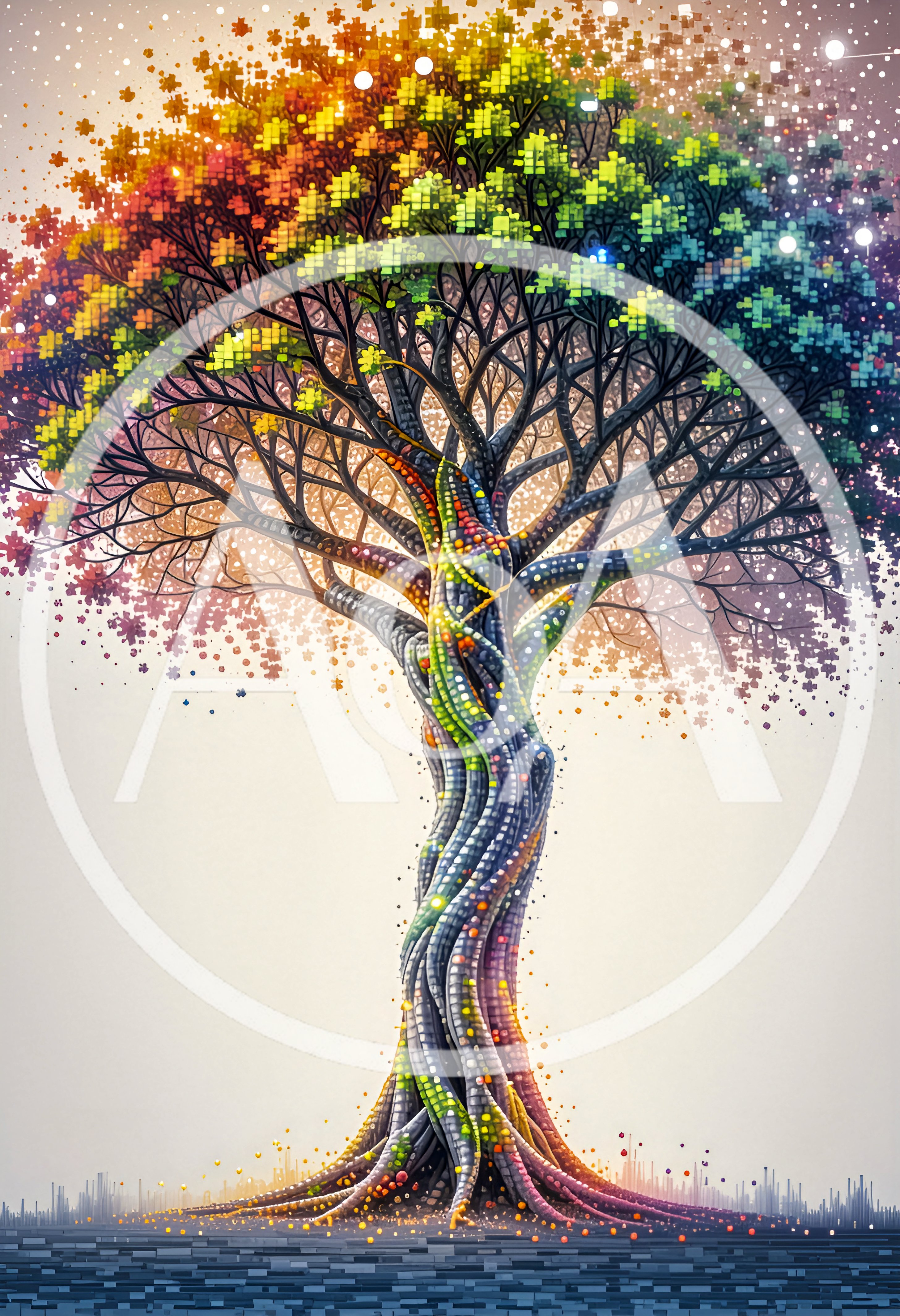 Abstract Digital Art Of A Rainbow Pixelated Tree