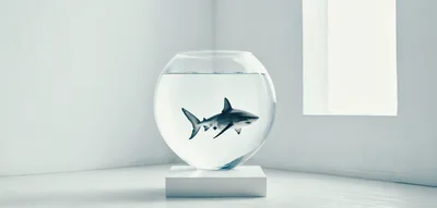 A Shark Swimming Inside A Large Glass Fishbowl